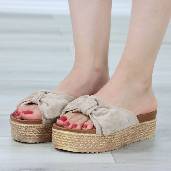 Suede Nude Bow Comfort Platform Sandal Slip On Sliders - Picture 13 of 14
